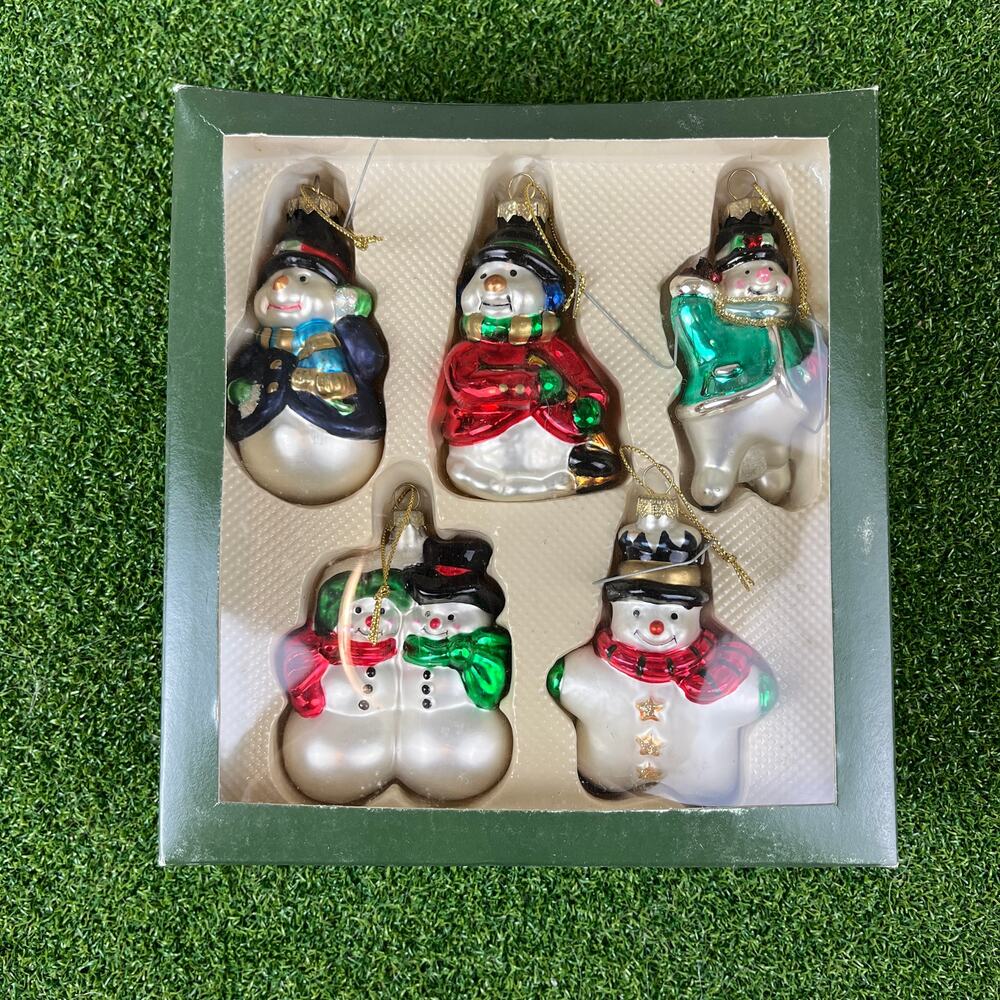 Vintage 2002 Lot 5 Santa's Workbench Boxed Blown Glass Snowmen Ornaments